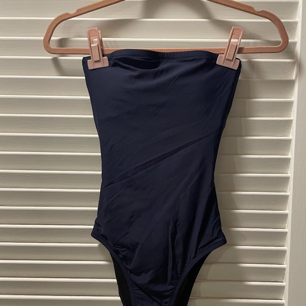 J. Crew * Strapless one piece swimsuit * Size 0 * Navy Blue * Black Cutout